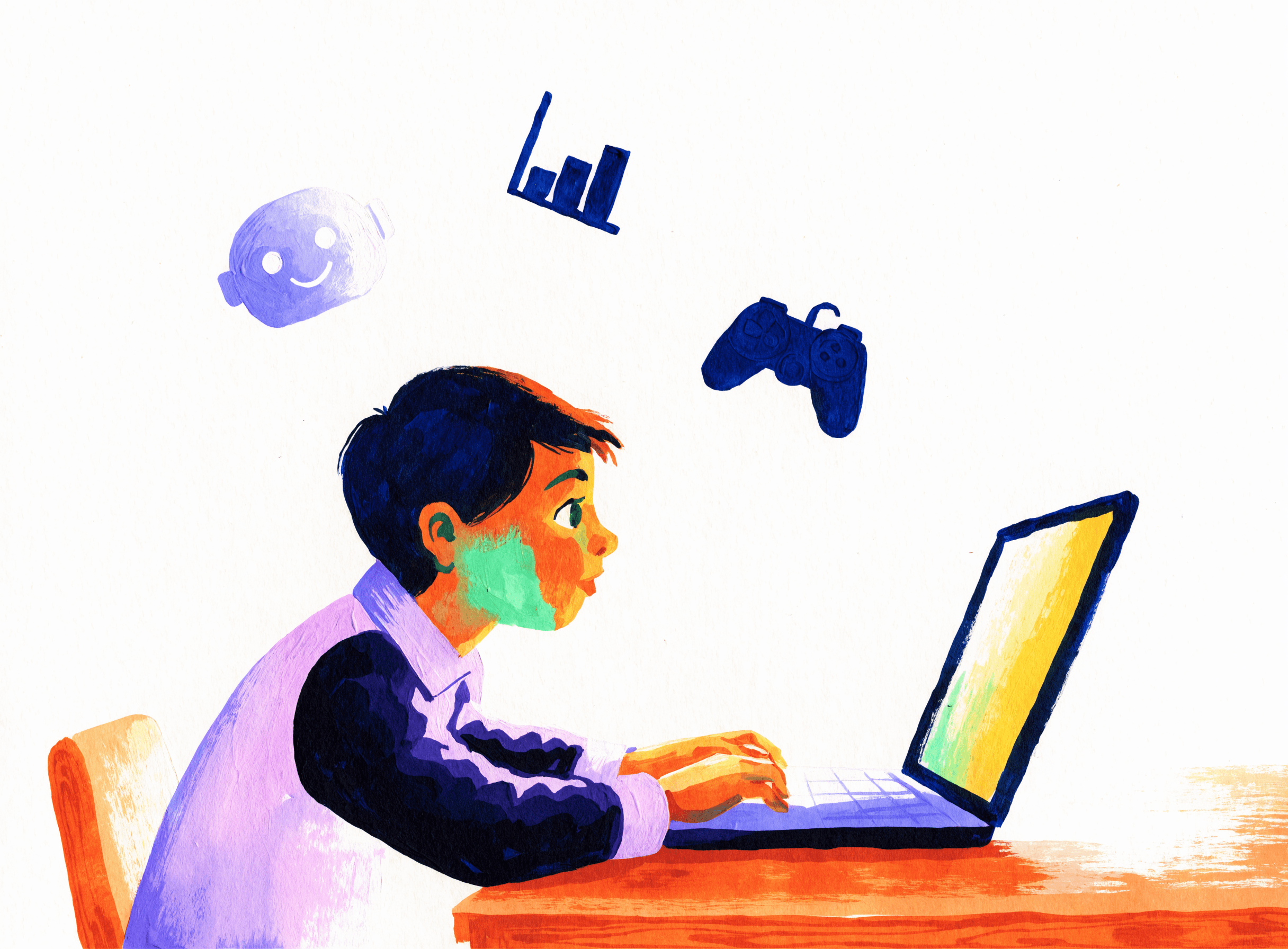 A curious kid at a wooden desk exploring big tech ideas