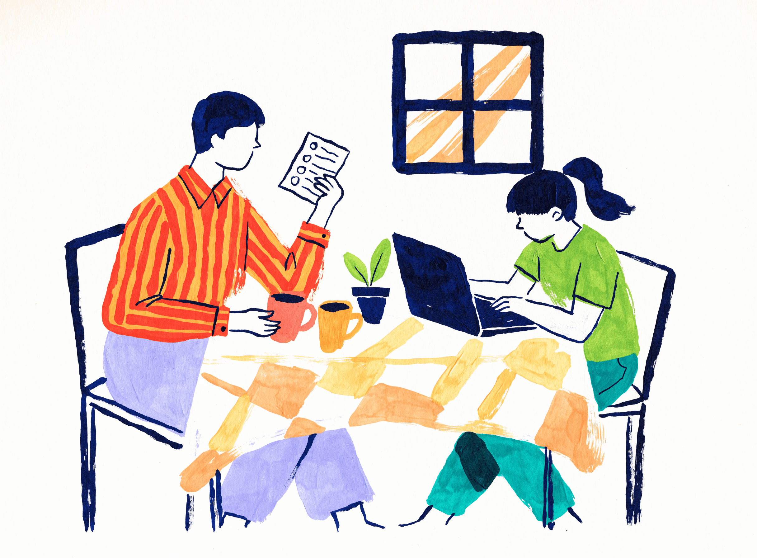 A parent and child learning together at the kitchen table