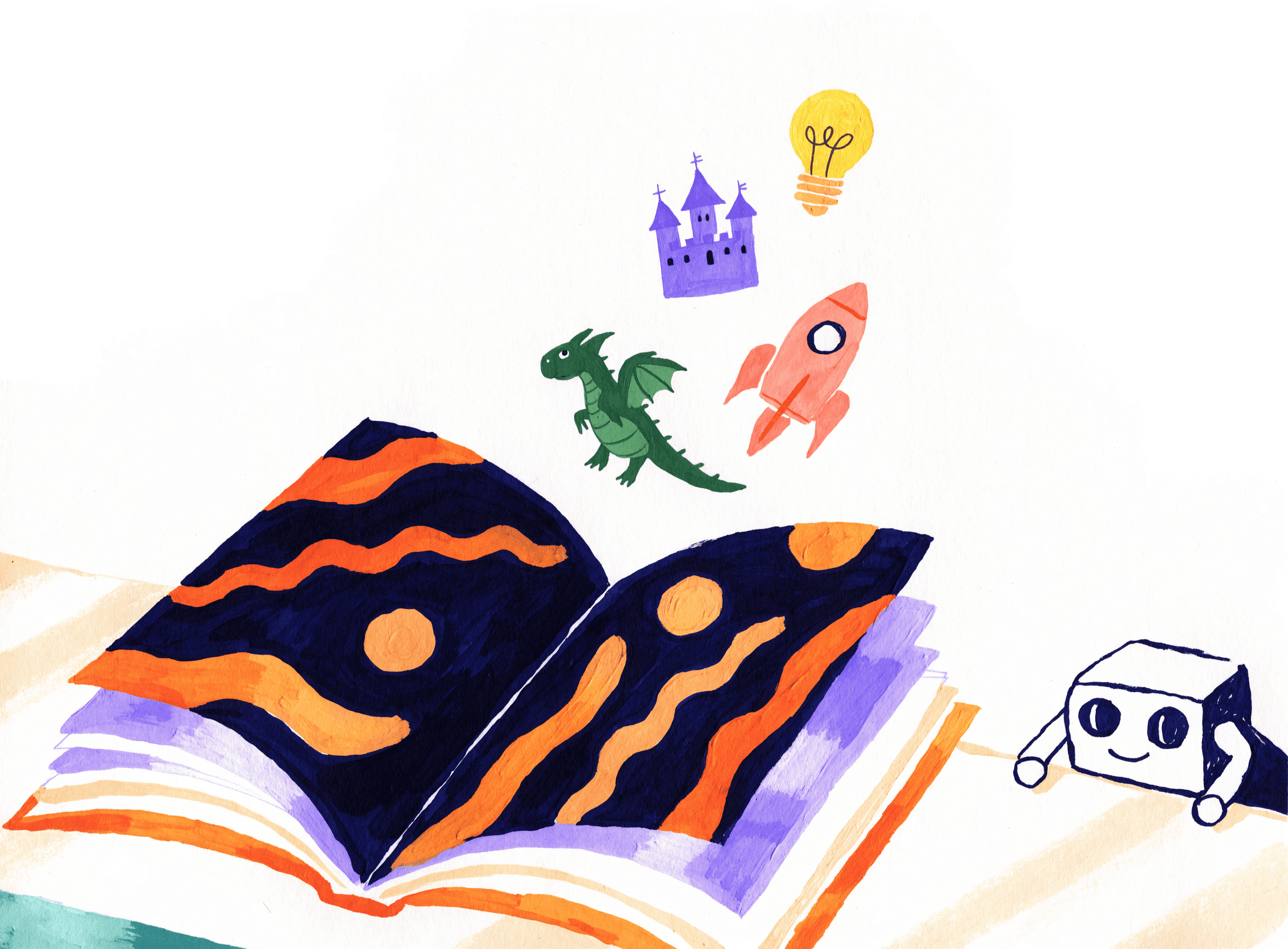 An open storybook with a small robot conjuring story ideas above the pages
