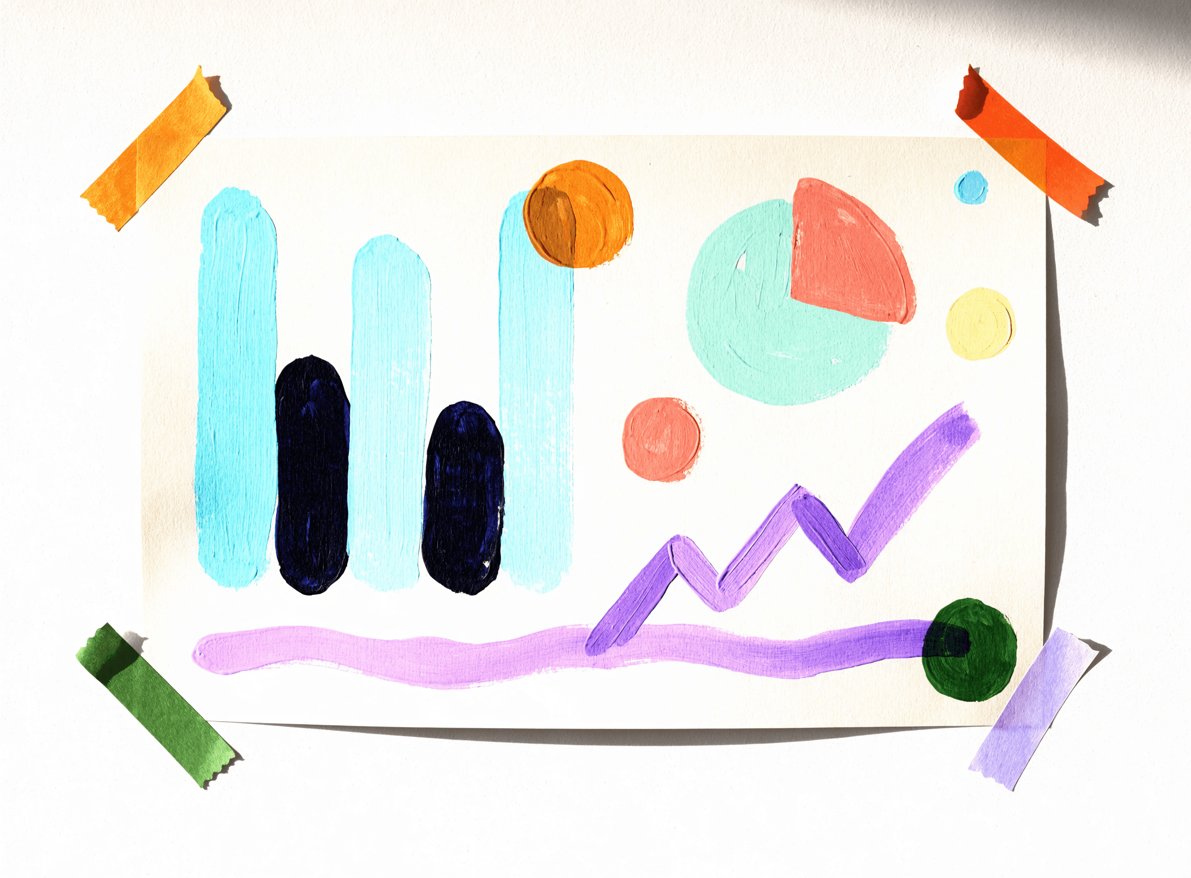 A hand-made data dashboard poster with bar, pie, and line charts