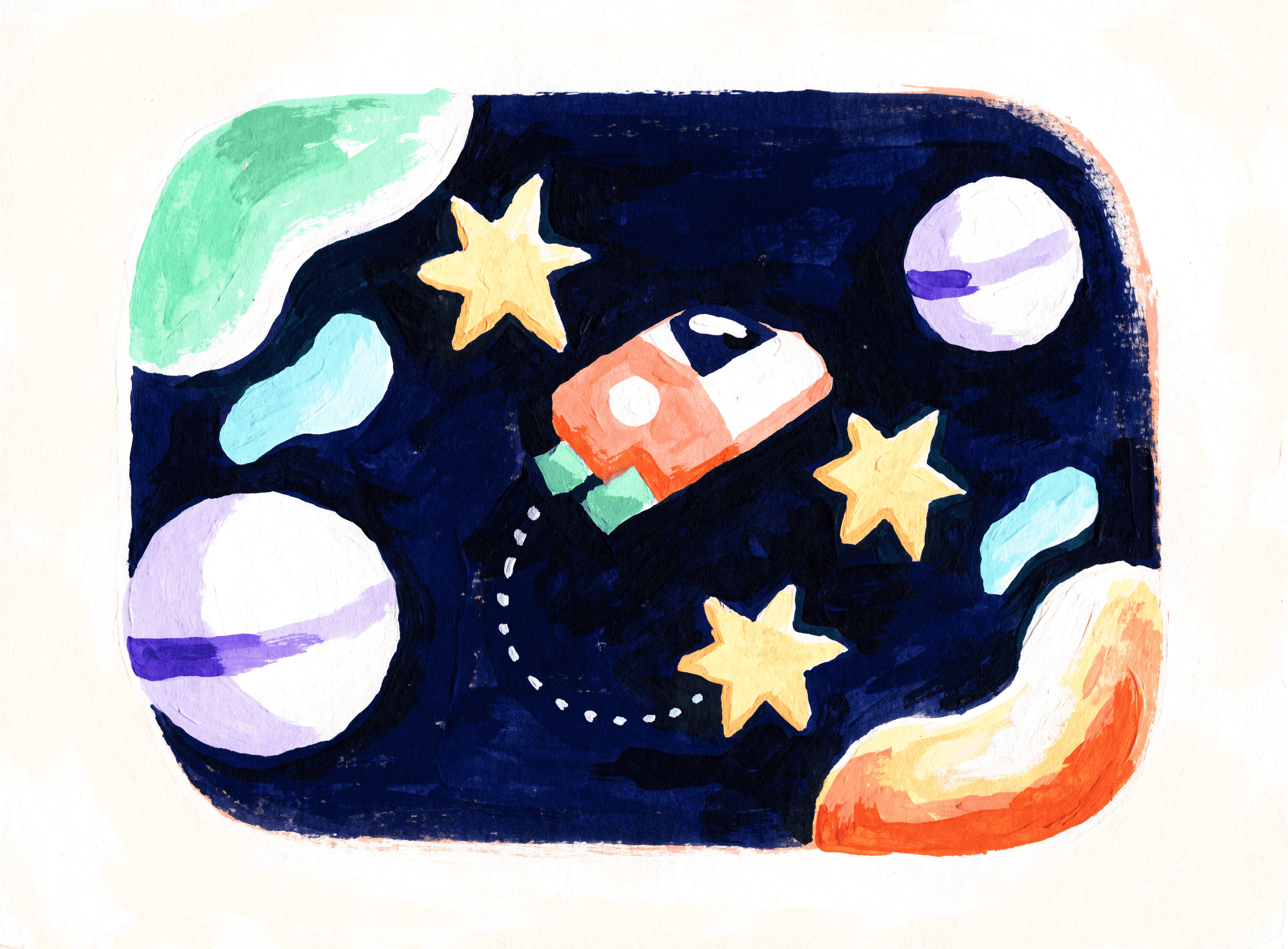 A painted space game scene with a spaceship collecting stars